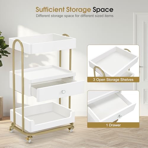 BarberPub Salon Trolley Cart, Gold Accents 3-Tier White&Gold 2086 - color: White&gold