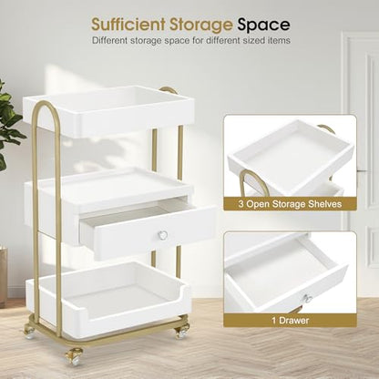 BarberPub Salon Trolley Cart, Gold Accents 3-Tier White&Gold 2086 - color: White&gold