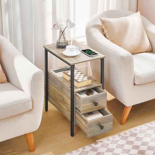 HOOBRO End Table with Charging Station, Narrow Side Table with 2 Drawer & USB Ports & Power Outlets, Nightstand for Small Spaces, for Living Room, Bedroom, Sapphire Brown UC541BZ01 - color: Sapphire Brown