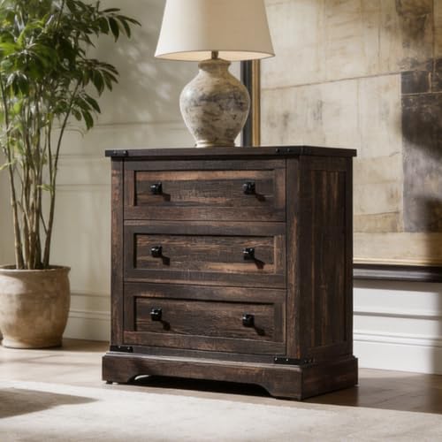 T4TREAM 32" Farmhouse 3 Drawer Dressers, Large End Table w/Charging Station | Rustic Wood Bedside Table for Bedroom, Living Room, Hallway, Dark Rustic Oak - color: Dark Rustic Oak, size: 15.8"D x 32"W x 32"H (3 Drawers)