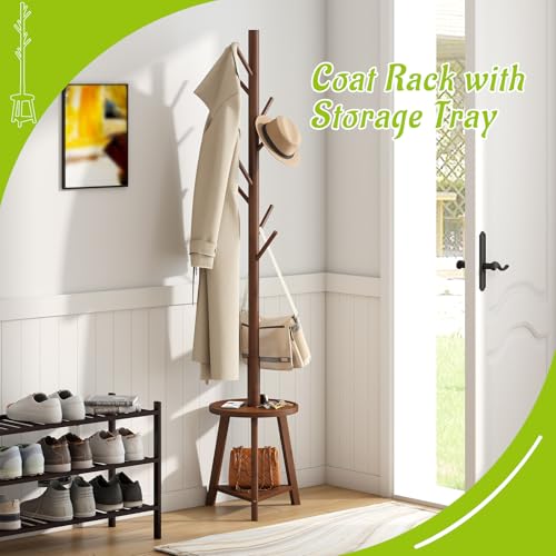 BMOSU Coat Rack freestanding Stand with 2 Shelves Bamboo Wooden Coat Tree Easy Assembly 8 Hooks Standing Jackets Hanger Hallway Office Floor Coat Stand Brown - color: BROWN