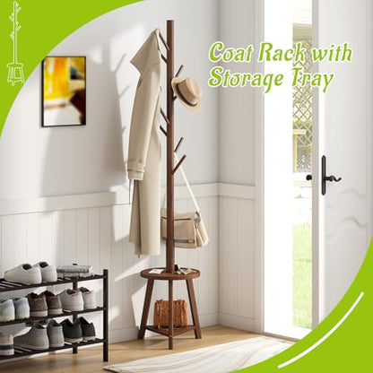 BMOSU Coat Rack freestanding Stand with 2 Shelves Bamboo Wooden Coat Tree Easy Assembly 8 Hooks Standing Jackets Hanger Hallway Office Floor Coat Stand Brown - color: BROWN