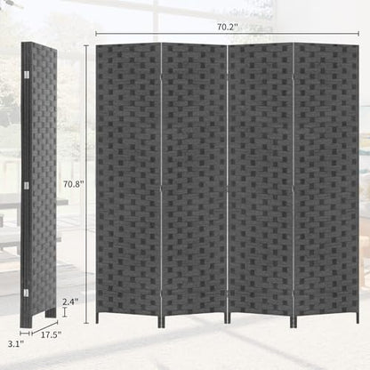 BLKMTY Room Divider, 6ft Folding Privacy Screens, Wall Divider Portable Room Seperating Freestanding Wood Screen, 4 Panels Hand-Woven Design Screen Double Hinged Dividers for Bedroom, Gray - color: Grey