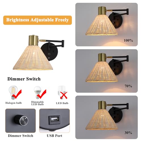 Plug in Rattan Wall Sconce Swing Arm Wall Lamp with USB Port and Dimmer Switch Hand-Woven Boho Rattan Wall Mounted Lamp Suitable for Hallway Bedroom Living Room.Balck - color: Black+Rattan Shade