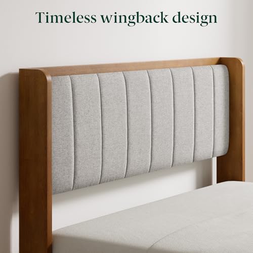 Zinus Jonas Bamboo Platform Bed Frame, Wingback Headboard, Queen | Mid-Century Modern Design, Plush Upholstered Comfort, Sustainable Bamboo, Fits Any Bedroom Style, No Box Spring Needed - size: Queen
