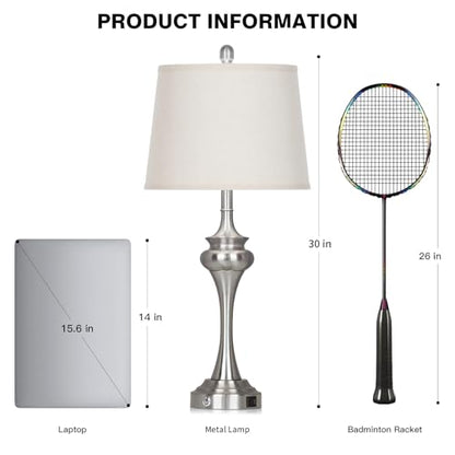 Rinweey 30" Silver Table Lamps Set of 2, 3 Way Touch Control Living Room Lamp with USB A+C Ports, Modern Brushed Nickel Bedroom Lamps, Tall Metal Bedside Lamp for Nightstand Desk Side Table Office - color: Silver-30”H