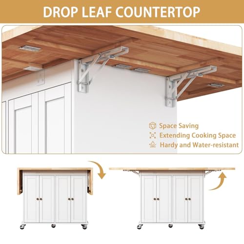 62.8 INCH Rolling Kitchen Island Cart with Double Drop Leaf, Small Mobile Kitchen Cart on Wheels, Folding Kitchen Island with Large Tbletop, Adjustable Shelves for Dining Room - color: White