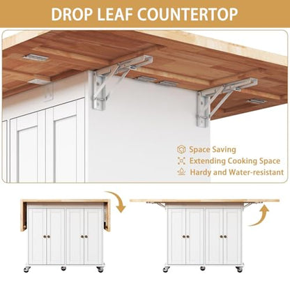 62.8 INCH Rolling Kitchen Island Cart with Double Drop Leaf, Small Mobile Kitchen Cart on Wheels, Folding Kitchen Island with Large Tbletop, Adjustable Shelves for Dining Room - color: White