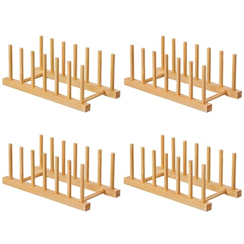 HBlife 4pcs Bamboo Dish Plate Bowl Cup Book Pot Lid Cutting Board Drying Rack Stand Drainer Storage Holder Organizer Kitchen Cabinet（Keep Dry） - color: Bamboo 6 Slots 4pcs
