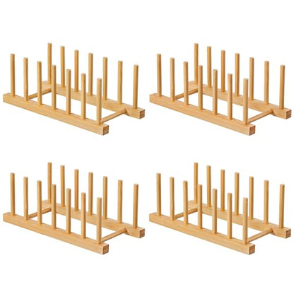 HBlife 4pcs Bamboo Dish Plate Bowl Cup Book Pot Lid Cutting Board Drying Rack Stand Drainer Storage Holder Organizer Kitchen Cabinet（Keep Dry） - color: Bamboo 6 Slots 4pcs