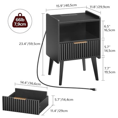 MAHANCRIS Black Nightstand with Charging Station, Modern Bedside Table with Drawer and Storage Shelf, End Side Table with Solid Wood Legs, Night Stand, Living Room, Bedroom, Small Space, ETBK61E01 - color: Black