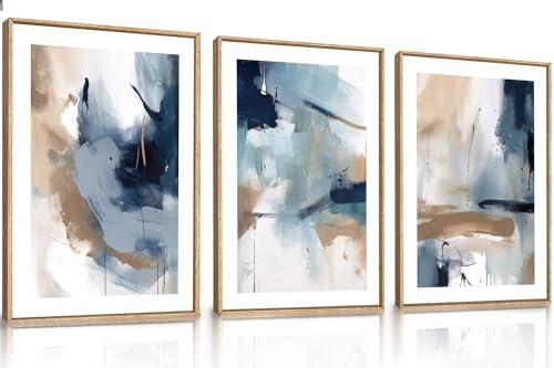 LHIUEM Large Abstract Navy Blue Framed Canvas Wall Art,Neutral Brush Stroke Wall Decor,Modern Pastel Brown Wall Painting,Minimalist Shapes Artwork for Living Room,Bedroom,Office- 24"x36"x3 - color: Modern Blue and Brown Wall Art, size: 36"L x 24"W