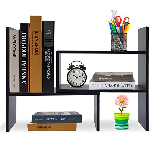 Hossejoy Desk Shelf, Adjustable Desktop Storage Organizer, Wood Display Shelf Rack, Office Supplies Desk Organizer, Black - color: Black