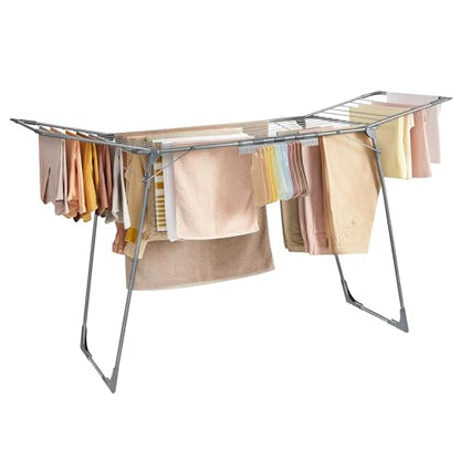 SONGMICS Clothes Drying Rack Foldable, Gullwing Laundry Drying Rack, Space-Saving, 22.2 x 68.1 x 38 Inches, Sock Clips, Metal Structure, for Clothes, Towels, Linens, Indoor, Outdoor Gray ULLR518G01 - color: Gray, style: 2 Gullwings（22.2"D)