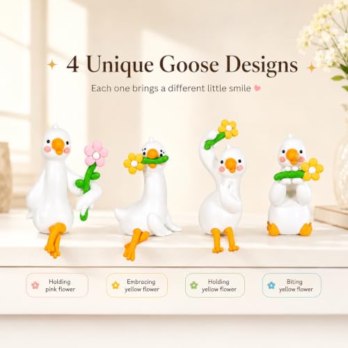 4Pcs Mini Resin Goose Figurines Set, Cute Desk Pets with Cable Holder | Computer Monitor Hanging Animals, Small Goose for Monitor, Bookshelf, Car Dashboard, Photo Frame, Goose Gifts for Coworkers