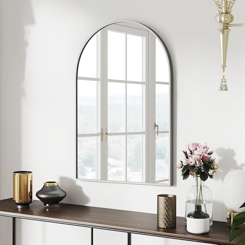 30x20 Bathroom Mirror Arch Wall Mounted/Against Aluminum Frame Silver | HD Crystal Clear No distortion Tempered Glass,Make-Up Vanity Mirrors for Bedroom,Entryway,Bathroom,Living Room - color: Silver, size: 30"L x 20"W
