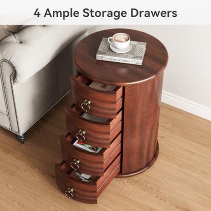 LITTLE TREE Small Side Table, Round Solid Wood End Table with Storage for Living Room, Mid Century Modern Nightstand with 4 Drawers for Bedroom, Small Spaces, Couch, Bedside, No Assembly Required - size: 1
