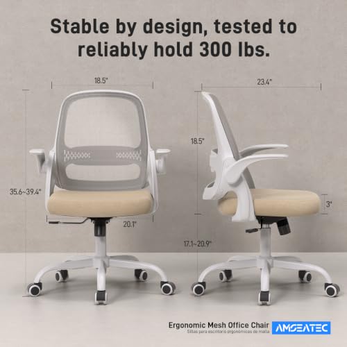 amseatec Ergonomic Mesh Desk Chair with Flip-Up Arms, Supports 300 lbs | Aerospace-grade frame, Mesh & 3" foam seat. 90-110° rocking, height adjustable, 360° swivel. - color: Beige