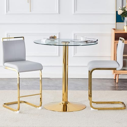 3-Piece Round Bar Table Set,Counter Height Dining Table Set,35" Tempered Glass Pub Table and Light Grey Chairs,Round Gold bar Table Set for 2 for Small Spaces,Bistro,Kitchen,Cafe(36" H - color: Gold&light Grey