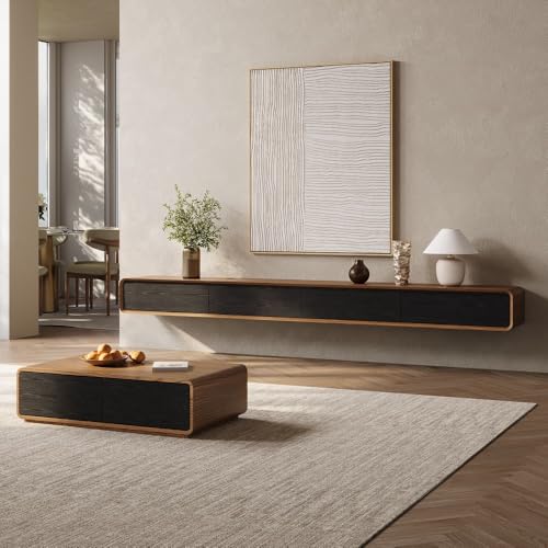 POVISON Fully-Assembled Minimalist Floating TV Stand, Modern Wall-Mounted Entertainment Center with 4 Flip-Down Cabinet Doors, Solid Wood Media Console, 110.24" - color: Walnut & Black, size: 110.24"