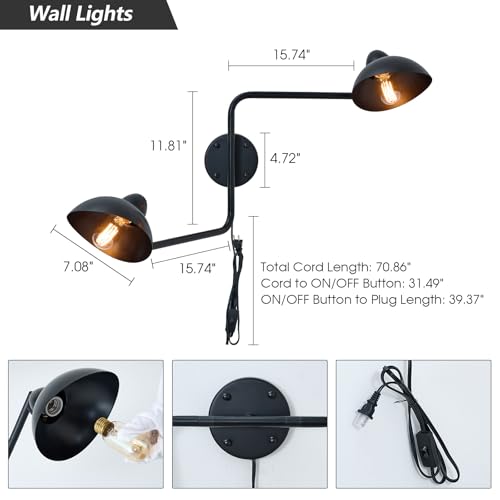 Adjustable Black Swing Arm Wall Sconce, 2-Light Plug in Wall Lamps with ON/Off, Rotatable Metal Dome Shades Wall Mount Lighting Fixture for Living Room Bedroom Study - color: Black-B 2-Lights