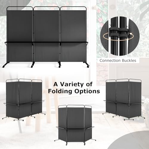 Giantex 3 Panel Room Divider with Wheels and Shelves, 103" W x 74" H Folding Privacy Screen, Rolling Partition Separator for Home Office Studio, Fabric Wall Divider for Room Separation (Black) - color: Black