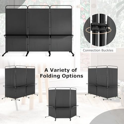 Giantex 3 Panel Room Divider with Wheels and Shelves, 103" W x 74" H Folding Privacy Screen, Rolling Partition Separator for Home Office Studio, Fabric Wall Divider for Room Separation (Black) - color: Black