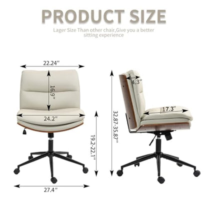 Armless Modern Walnut Office Desk Chair with Wheels, PU Leather Adjustable Wide Swivel Executive Task Chair, Ergonomic Cross Legged Computer Chair for Conference Room, Home Office, Beige - color: Beige