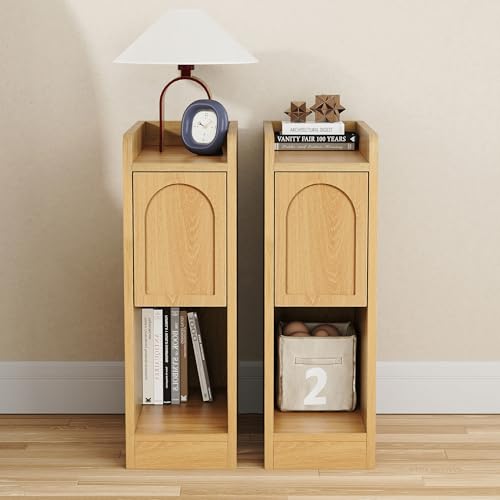Narrow Nightstands Set of 2, Slim Bedside Tables with Raised Edge Top, Arched Drawer & Open Shelf, Modern Wooden Small End Tables for Bedroom Small Spaces (2, Natural) - color: Natural-arched Drawer, size: 2-Pack