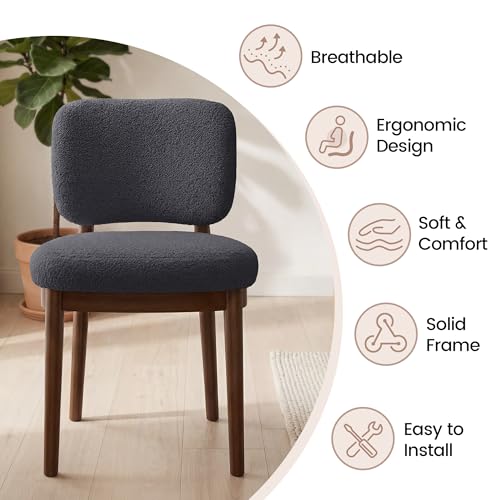 Wooden Dining Chairs Set of 2, Boucle Upholstered Kitchen Chairs with Solid Wood Legs, Mid Century Modern Dining Chairs, Farmhouse Side Chair with Hardwood Frame for Dining Room, Dark Gray - color: Grey, size: Set of 2