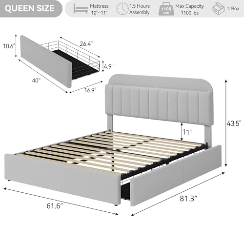 GarveeHome Queen Bed Frame, Platform Bed with Storage Headboard & Drawers | Boucle Upholstered Bed Frame, Bookcase Headboard, No Box Spring Needed, Easy Assembly, Light Gray - color: Light Gray, size: Queen