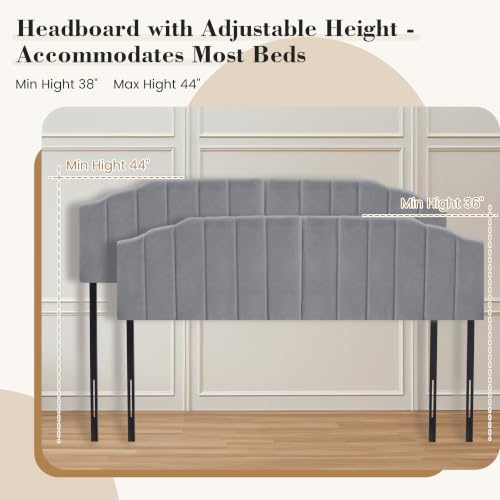 Upholstered Headboard Adjustable Height Queen/King Headboard Cream Velvet Tufted Modern Vertical Channel Design with Stepped Silhouette Top Edge(Grey King) - color: Gray, size: King