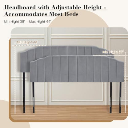 Upholstered Headboard Adjustable Height Queen/King Headboard Cream Velvet Tufted Modern Vertical Channel Design with Stepped Silhouette Top Edge(Grey King) - color: Gray, size: King