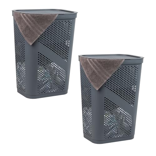 Mind Reader 60L Slim Laundry Hamper, Clothes Basket, Lid, Ventilated, Plastic, Set of 2, Gray - color: Gray, size: 2-Pack