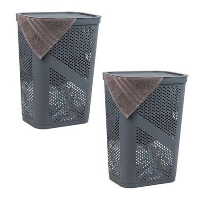 Mind Reader 60L Slim Laundry Hamper, Clothes Basket, Lid, Ventilated, Plastic, Set of 2, Gray - color: Gray, size: 2-Pack