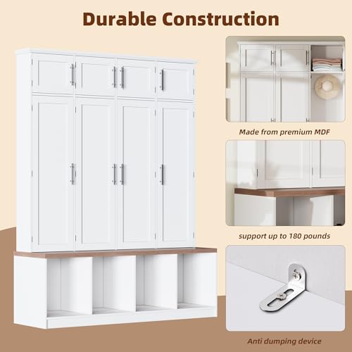 JIVOIT 75" H Farmhouse Hall Tree with Storage, Versatile 4-in-1 Coat Hanger with 4 Hidden Hanging Hooks, 8 Doors, Entryway Shoe Cabinet with Open Compartments for Living Room - color: White//23