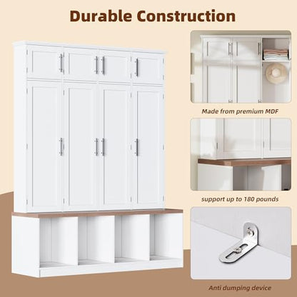 Hall Tree with Entryway Bench and Shoe Cabinet, Multi-Functional Seating Bench with 4 Hanging Hooks and 8 Doors, White - color: White