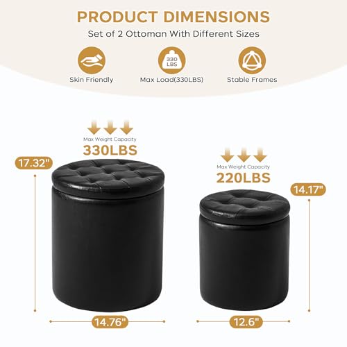 oakvivo Round Ottoman with Storage Set of 2, 12.6" W x 14.17" H & 14.76" W x 17.32" H Faux Footstool Storage Ottomans for Bedroom, Living Room Padded Coffee Table Ottomen, Black - color: Black