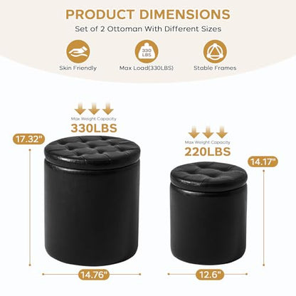oakvivo Round Ottoman with Storage Set of 2, 12.6" W x 14.17" H & 14.76" W x 17.32" H Faux Footstool Storage Ottomans for Bedroom, Living Room Padded Coffee Table Ottomen, Black - color: Black