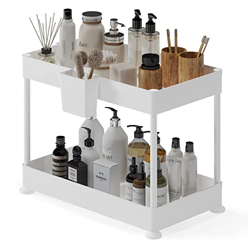 Under Sink Organizers and Storage | Bathroom Cabinet Organizer, Sink Shelf with Utility Hooks and Side Caddy for Under Cabinet Storage | Non Slip Grip Under Kitchen Sink Organizer, White (1-Pack) - color: White, size: Standard - 1 Pack