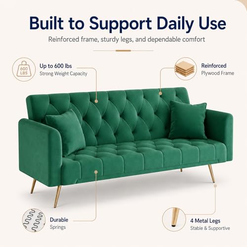 Majnesvon 71" Convertible Folding Sleeper Sofa Couch,Modern Velvet Loveseat Sleeper with 2 Pillows, Futon Sofa Bed with Mattress and Frame for Living Room,Bedroom,Small Space (Green) - color: Green