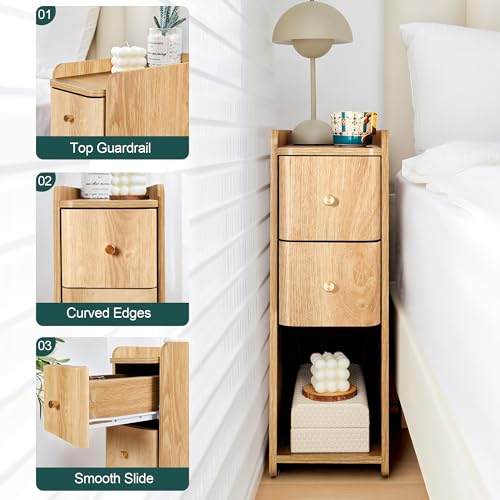 Narrow Nightstand Set of 2, Wooden Small 2 Drawer Nightstand, Slim Side End Table, Skinny Bedside Table, Mid Century Modern Night Stand with Drawers for Bedroom (Natural-2 pcs) - color: Natural-2 Pcs