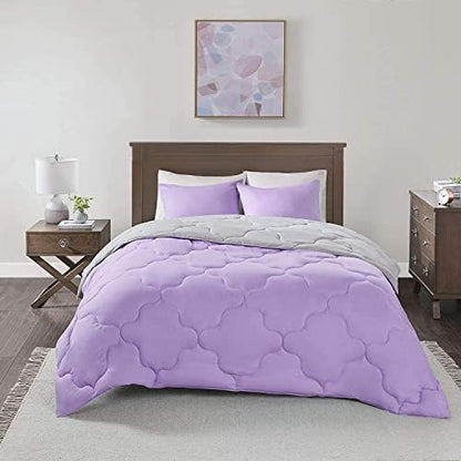 Comfort Spaces Vixie Reversible Comforter Set - Trendy Casual Geometric Quilted Cover, All Season Down Alternative Cozy Bedding, Matching Sham, Lavendar/Gray, Twin/Twin XL 2 piece | Down Alternative, All Season, Bedding for Bedroom, Geometric Pattern, Rev