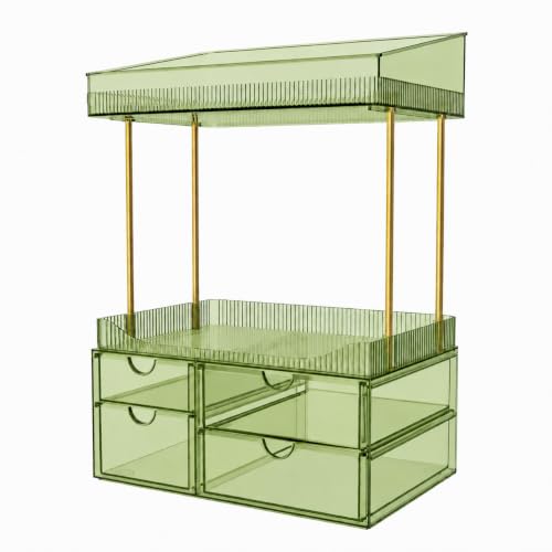 SNSLXH 4-Tier Clear Makeup Organizer Bathroom Storage Green | 4 Drawers Cosmetics Organiser, Ideal for Countertop, Bathroom, Office, Dresser, for Cosmetics, Skincare, Perfume, Lipstick - color: Green