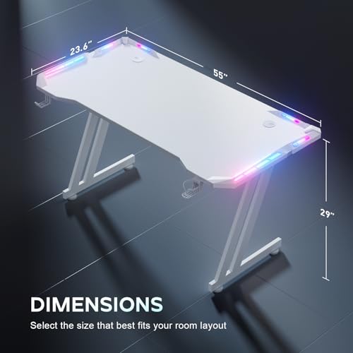 HLDIRECT 55 Inch Gaming Desk with App-Controlled RGB LED Lights, White | Z-shaped frame design, cup holder, headphone hook, cable management & mouse pad, for dual-monitor gaming and work setup - size: 55 INCH WHITE