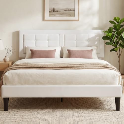 VECELO Queen Size Bed Frame, Adjustable Upholstered Button Tufted Headboard, Heavy-Duty Bedframe with Wood Slats Support, No Box Spring Needed, Linen & White - color: Linen & White, size: Queen, style: Bed Frame