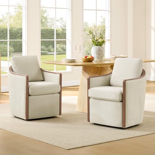 CHITA Upholstered Dining Chairs Set of 2 with Hidden Casters, Cream | Fully Assembled Modern Dining Chair with Backrest & Wood Armrest, Chenille Barrel Chairs for Dining Room, Kitchen Chairs - color: Cream, size: set of 2