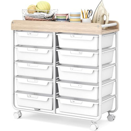 10 Drawers Rolling Cart with Wooden Tabletop, Utility Storage Cart with Wheels, Art Supply Craft Organizer on Wheel with Metal Frame & Handles for Home Office School (Pure White) - color: Pure White