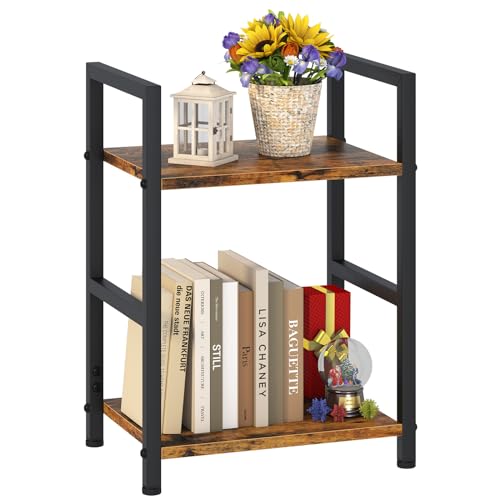 Small Bookshelf for Small Space, 2 Tier Industrial Bookcase,Narrow Book Case Storage Organizer Book Shelf for Living Room, Bedroom and Office, Easy Assembly(2 Tier,Rustic Brown) - size: 2 Tier