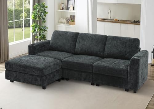 87" Chenille 3 Seater Couch with Soft Ottoman, Grey | L-Shape Sectional Sofa with Durable Cup Holders, Upholstered Sofa with Comfy Backrests for Living Room, House - color: Grey, size: 87" L-Shape